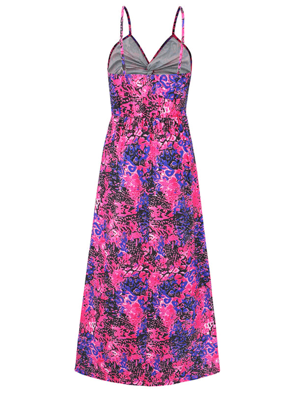 style suspender v-neck printed elegant A-line long dress