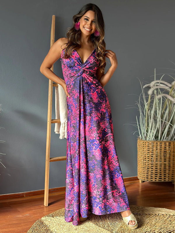 style suspender v-neck printed elegant A-line long dress