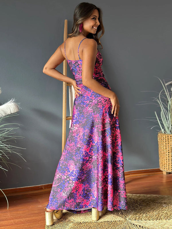 style suspender v-neck printed elegant A-line long dress