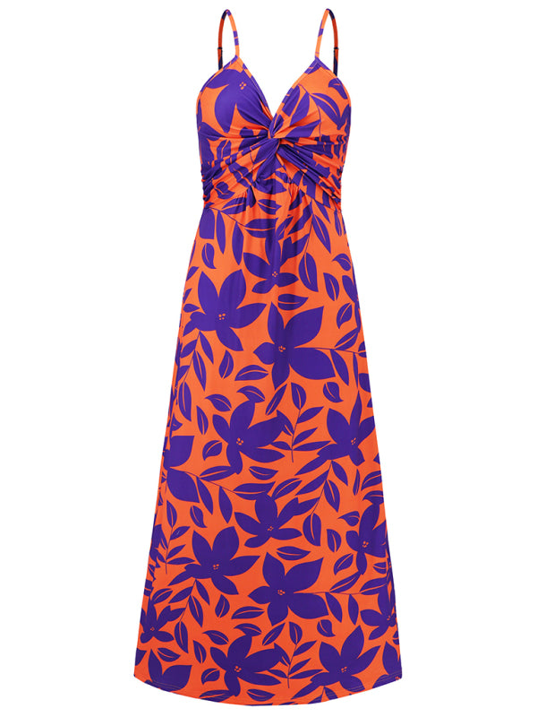 style suspender v-neck printed elegant A-line long dress