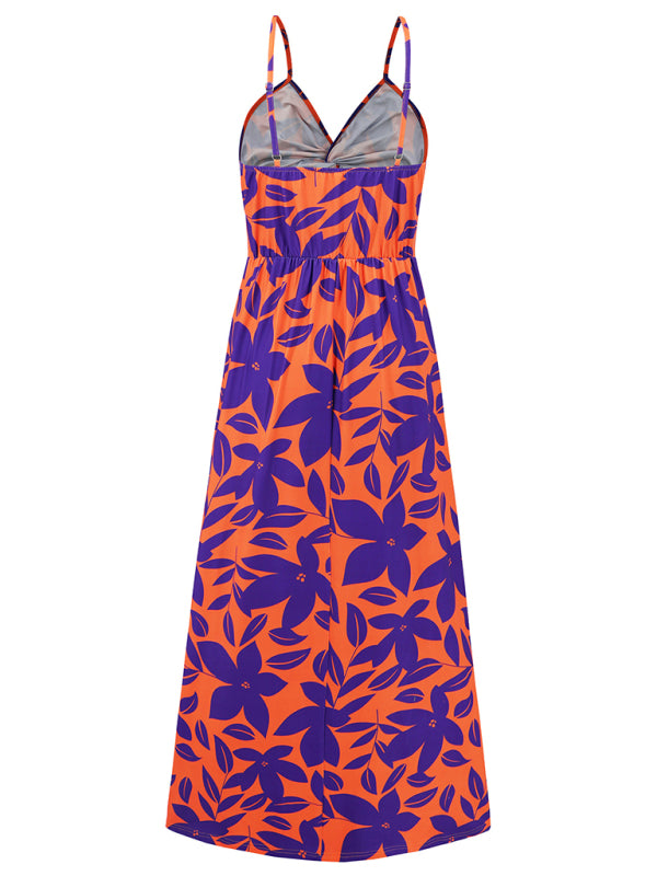 style suspender v-neck printed elegant A-line long dress