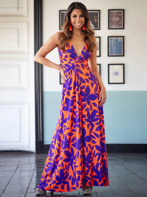 style suspender v-neck printed elegant A-line long dress