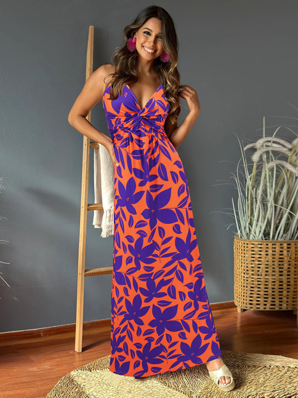 style suspender v-neck printed elegant A-line long dress