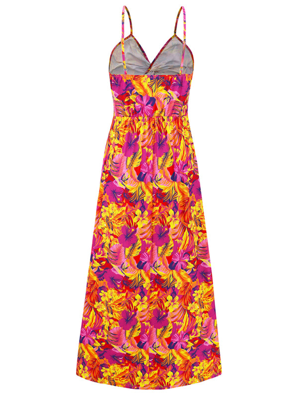 style suspender v-neck printed elegant A-line long dress