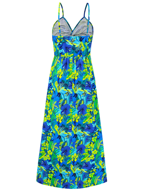 style suspender v-neck printed elegant A-line long dress