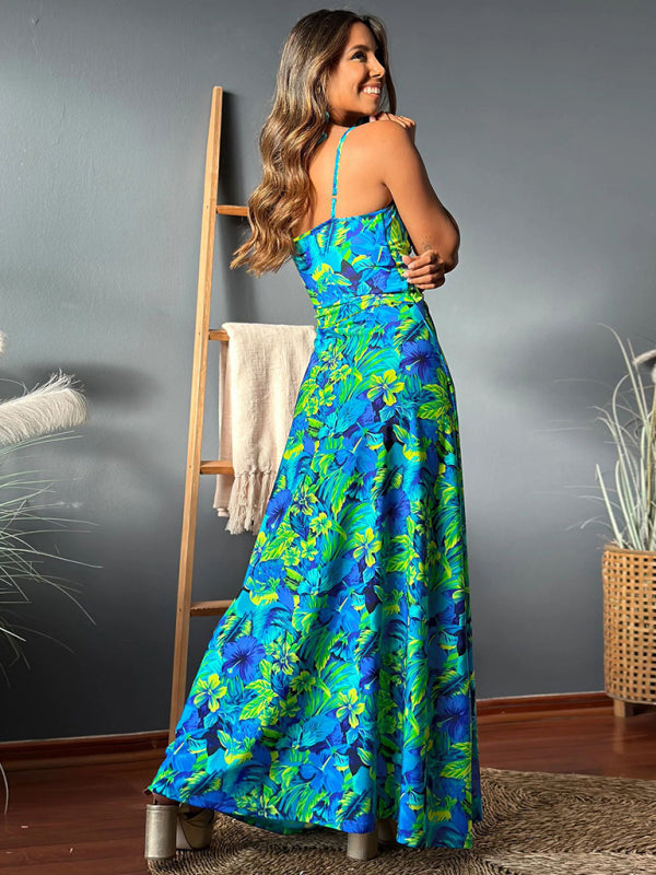 style suspender v-neck printed elegant A-line long dress