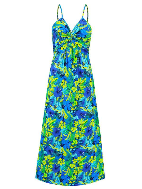 style suspender v-neck printed elegant A-line long dress