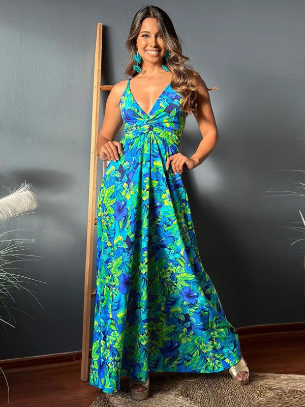style suspender v-neck printed elegant A-line long dress