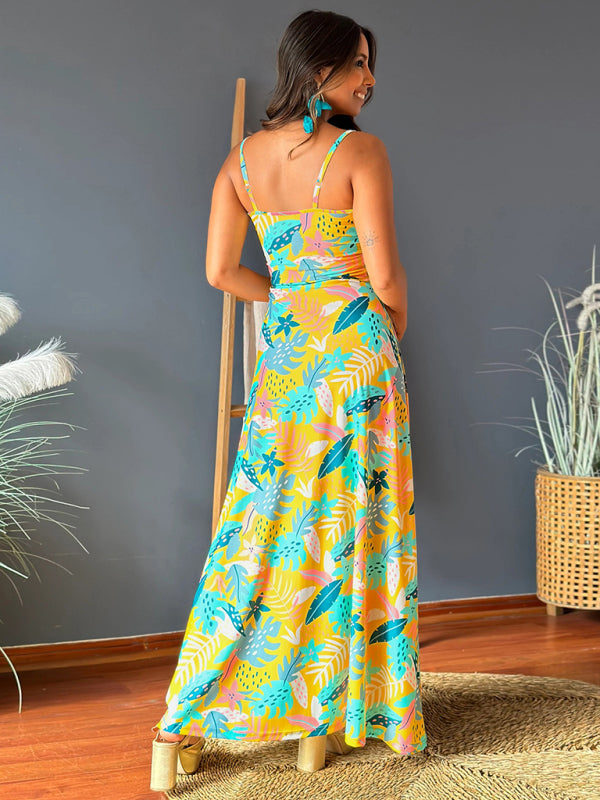 style suspender v-neck printed elegant A-line long dress