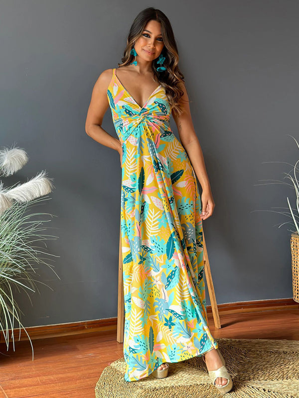 style suspender v-neck printed elegant A-line long dress