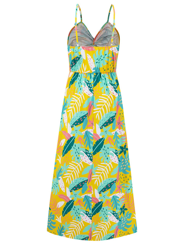 style suspender v-neck printed elegant A-line long dress