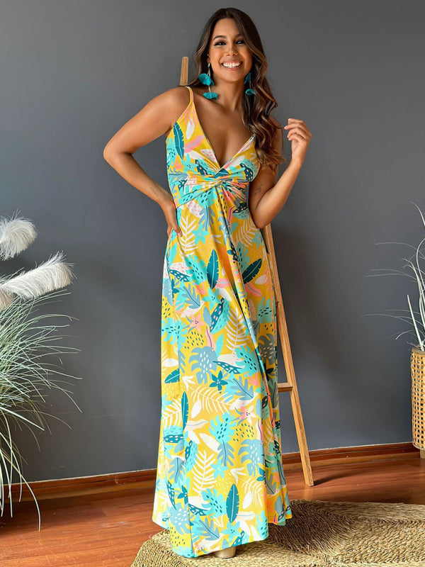 style suspender v-neck printed elegant A-line long dress