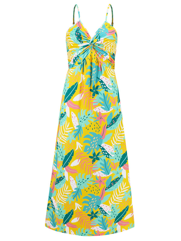 style suspender v-neck printed elegant A-line long dress