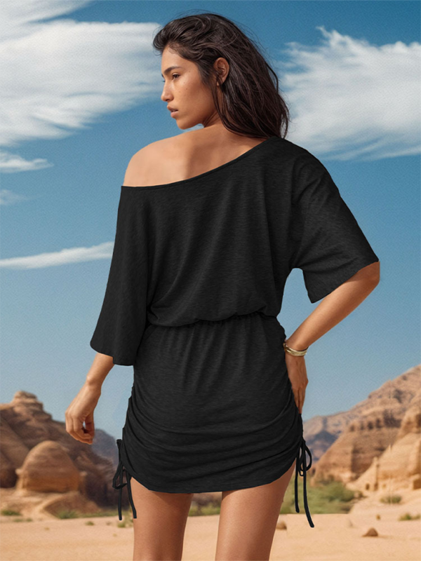 casual slanted shoulder collar slim drawstring hip-covering dress and skirt