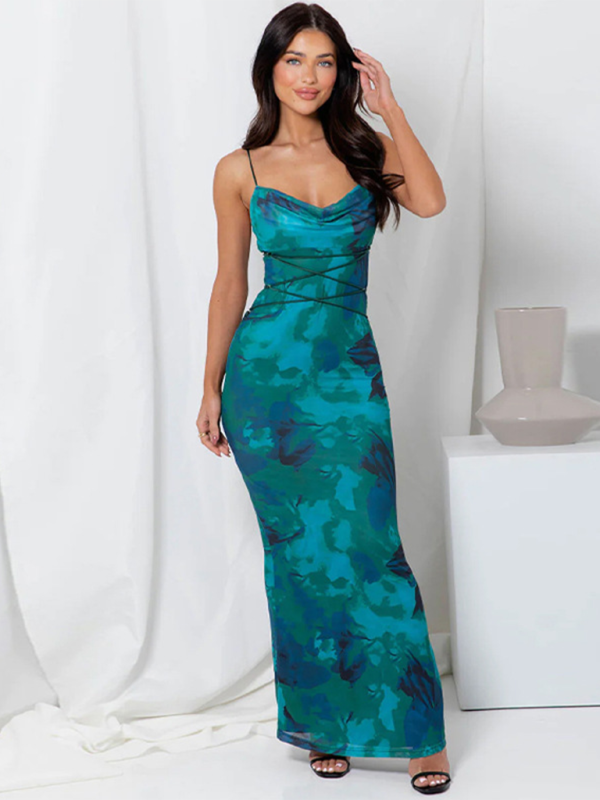 sexy backless strappy slim printed suspender dress