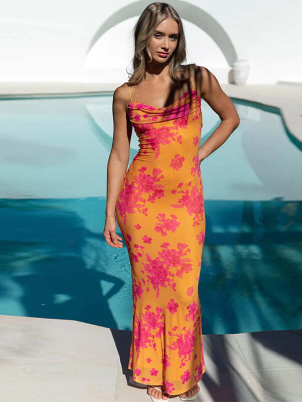sexy backless strappy slim printed suspender dress