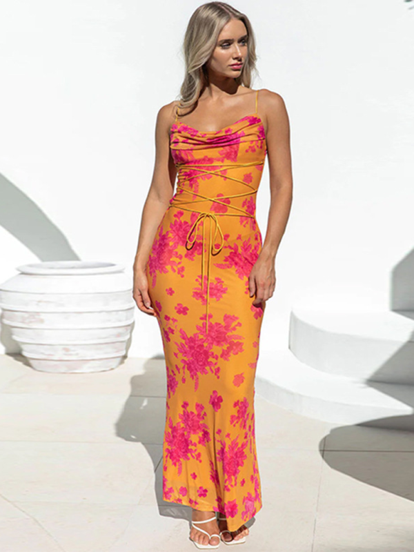 sexy backless strappy slim printed suspender dress