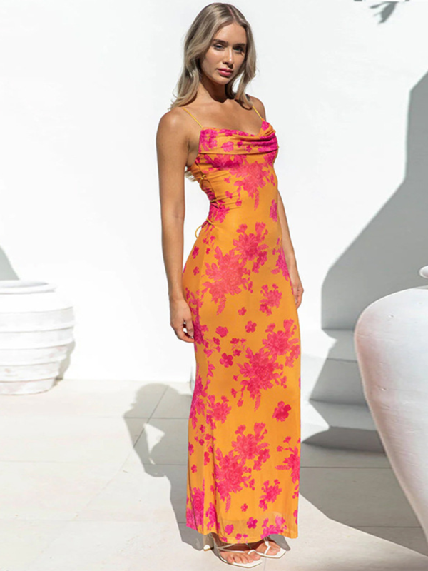 sexy backless strappy slim printed suspender dress
