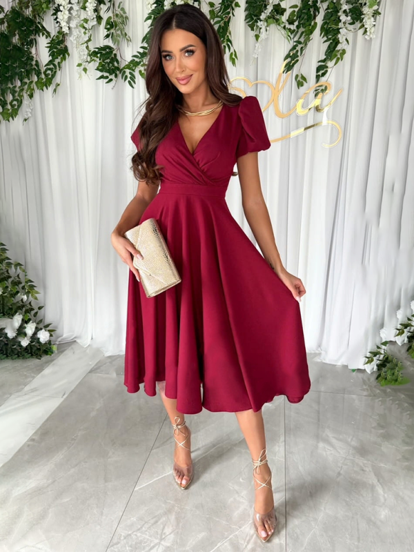 Commuting Solid Color V-Neck Waist Puff Sleeve Swing Dress