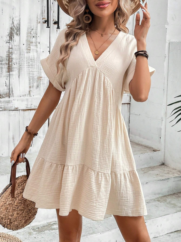 solid color V-neck loose pleated dress