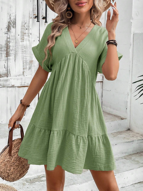 solid color V-neck loose pleated dress