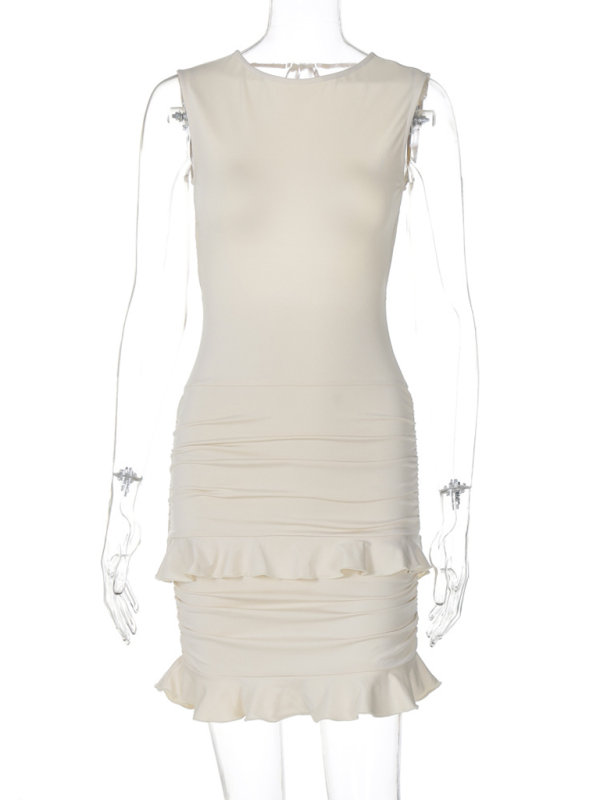 sexy solid color round neck sleeveless backless lace dress