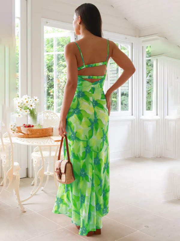 Fresh and sweet floral print backless midi dress
