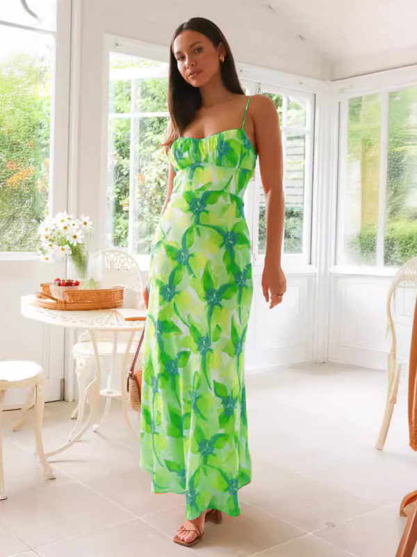 Fresh and sweet floral print backless midi dress
