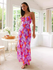 Fresh and sweet floral print backless midi dress
