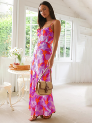 Fresh and sweet floral print backless midi dress