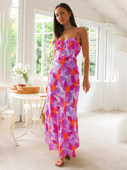 Fresh and sweet floral print backless midi dress