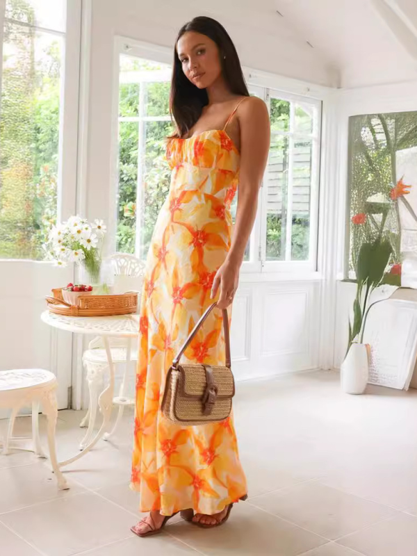 Fresh and sweet floral print backless midi dress