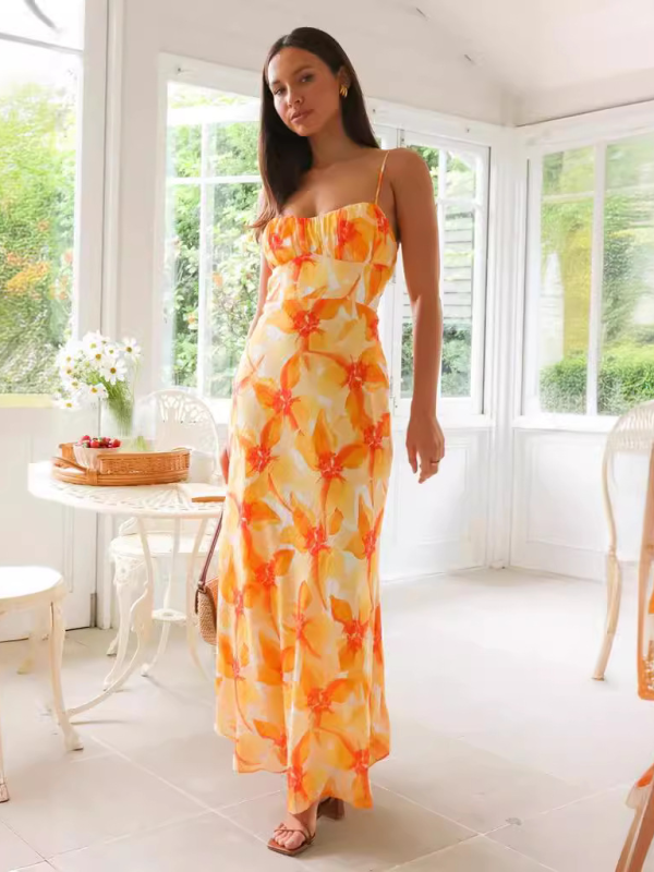 Fresh and sweet floral print backless midi dress