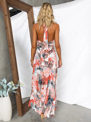 printed lace-up V-neck sexy A-line dress