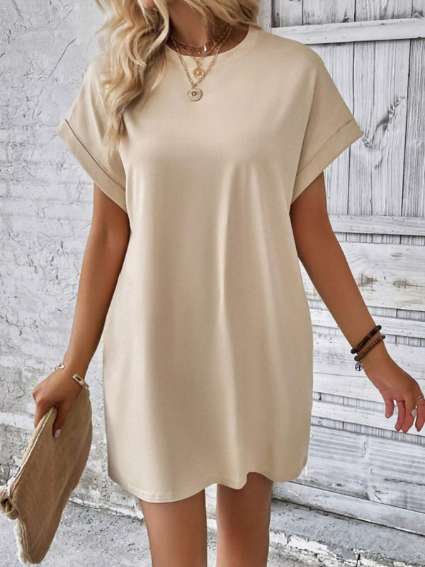 solid color round neck loose short sleeve pocket dress