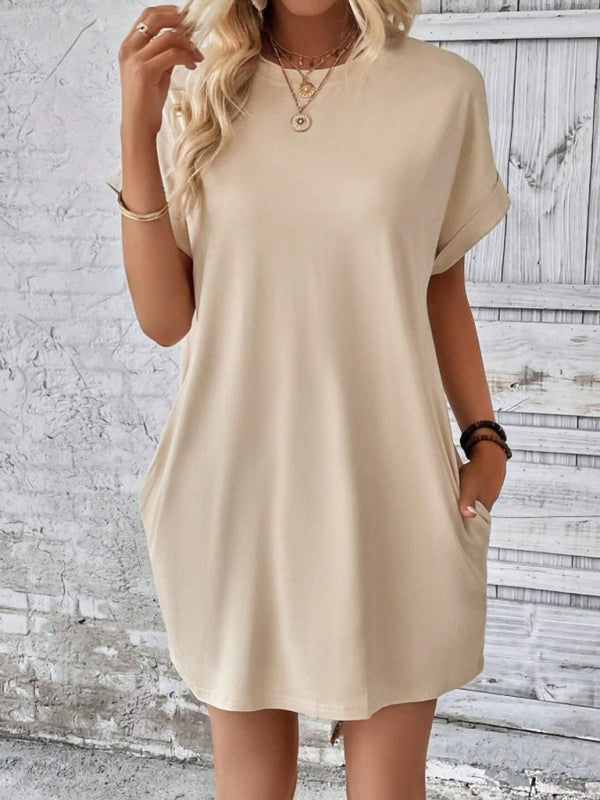 solid color round neck loose short sleeve pocket dress