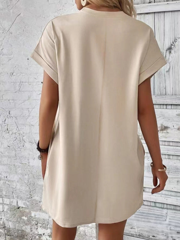 solid color round neck loose short sleeve pocket dress