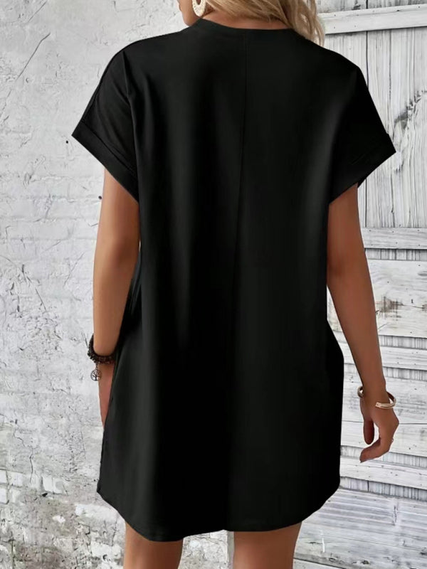 solid color round neck loose short sleeve pocket dress