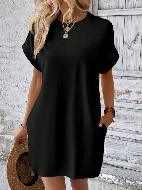solid color round neck loose short sleeve pocket dress