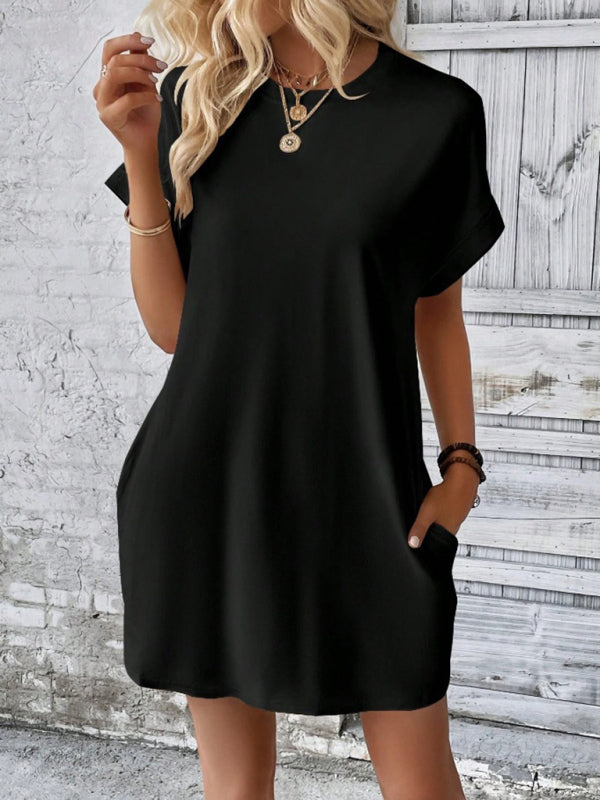solid color round neck loose short sleeve pocket dress