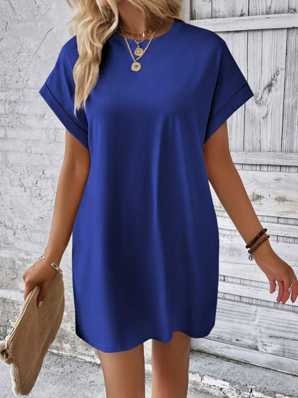 solid color round neck loose short sleeve pocket dress