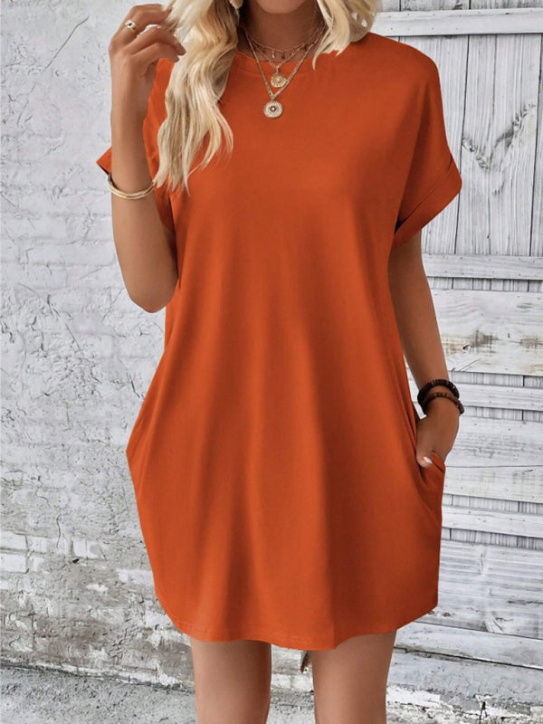 solid color round neck loose short sleeve pocket dress