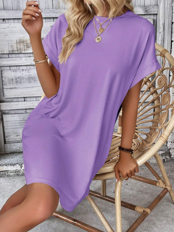 solid color round neck loose short sleeve pocket dress