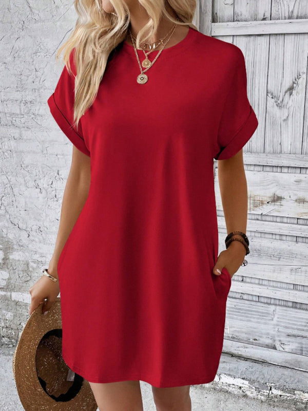 solid color round neck loose short sleeve pocket dress