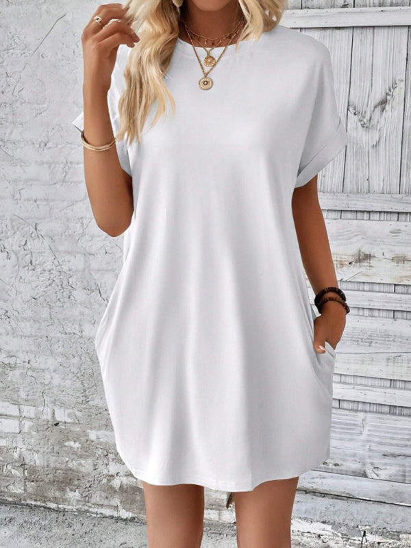 solid color round neck loose short sleeve pocket dress