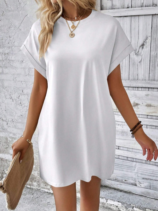 solid color round neck loose short sleeve pocket dress