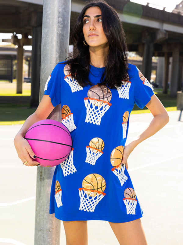 basketball sequined pullover short-sleeved multi-color T-shirt dress