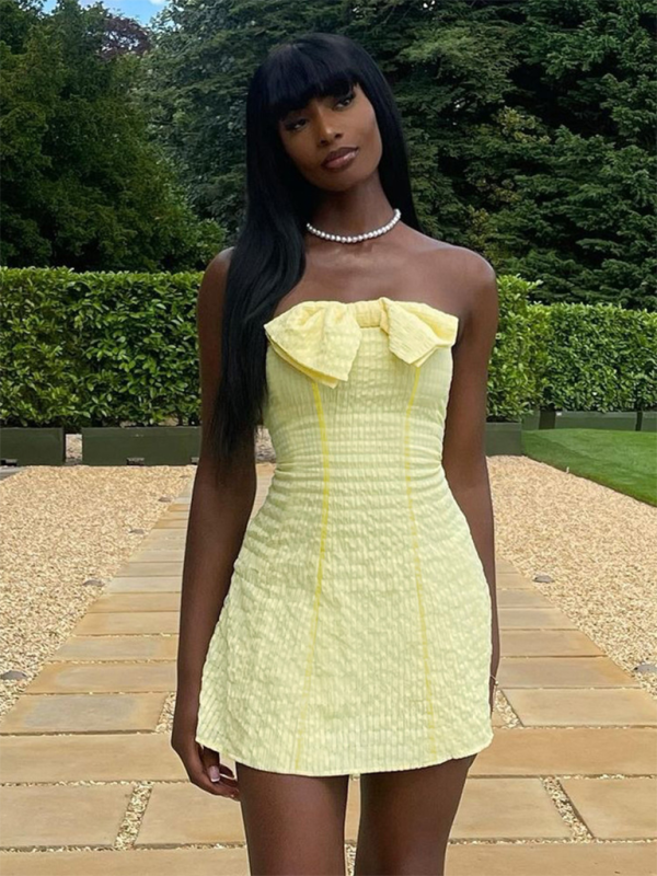 solid color bow tube top sexy slim short dress