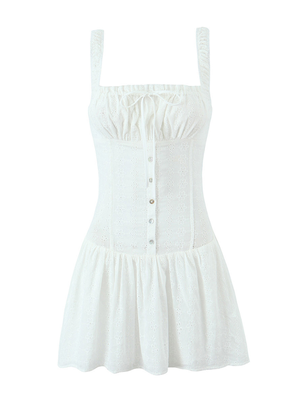 Square Neck Waist Sling Dress French Sweet Seaside Vacation A-Line Skirt