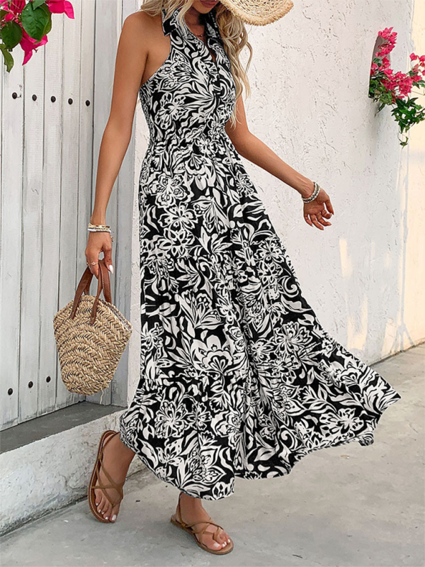 Ladies comfortable halterneck sleeveless high waist long dress